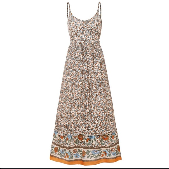 Wusifie Dresses & Skirts - Floral print sleeveless maxi dress - beige/orange/blue 100% cotton